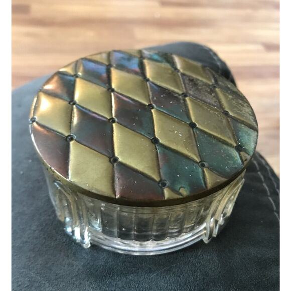 ANTIQUE GLASS POWDER VANITY BOX HAND MIRROR AND HAIR BRUSH Gold Aurora Borealis - Picture 6 of 9